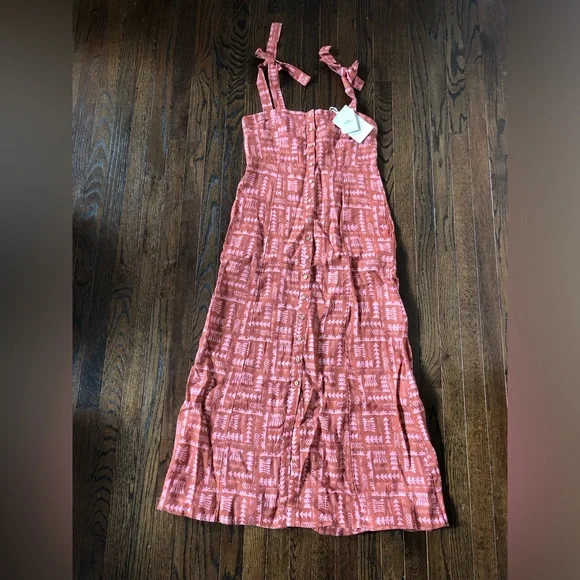 *NWT* Faherty Women's S Anna Kahalekulu Kendall Orange 100% Linen Maxi Sundress - Picture 3 of 16